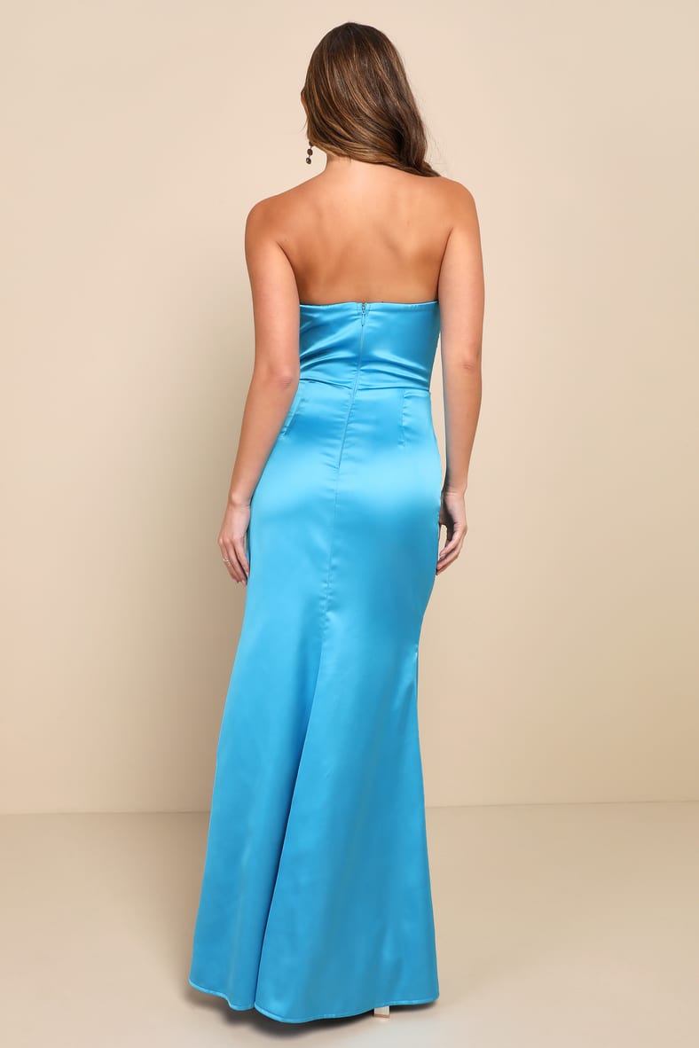 Ethereal Excellence Teal Blue Satin Pleated Strapless Maxi Dress