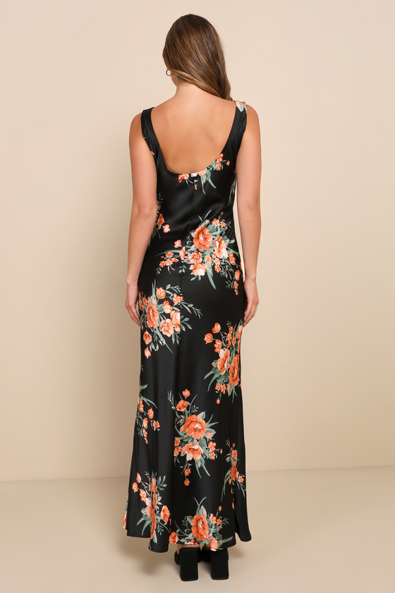 Exquisite Entrance Black Satin Floral Print Cowl Neck Maxi Dress 3