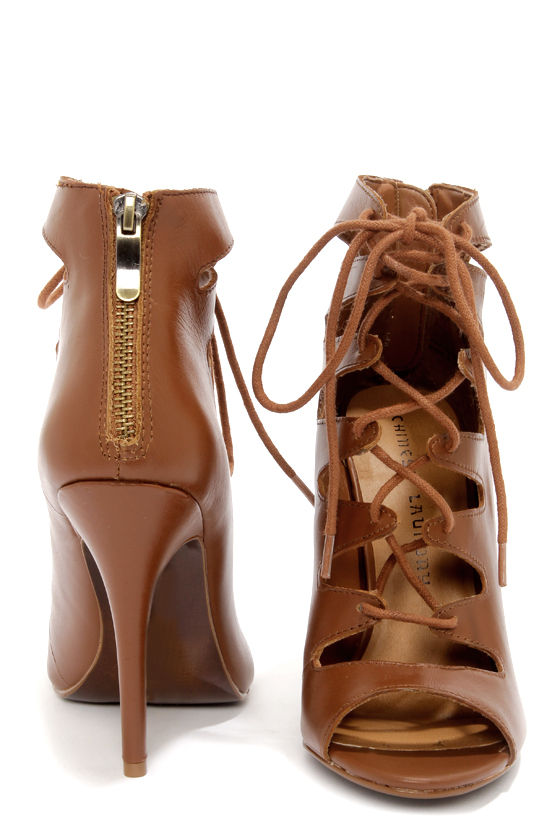 Chinese Laundry Jackpot Cognac Leather Lace-Up High Heel Booties