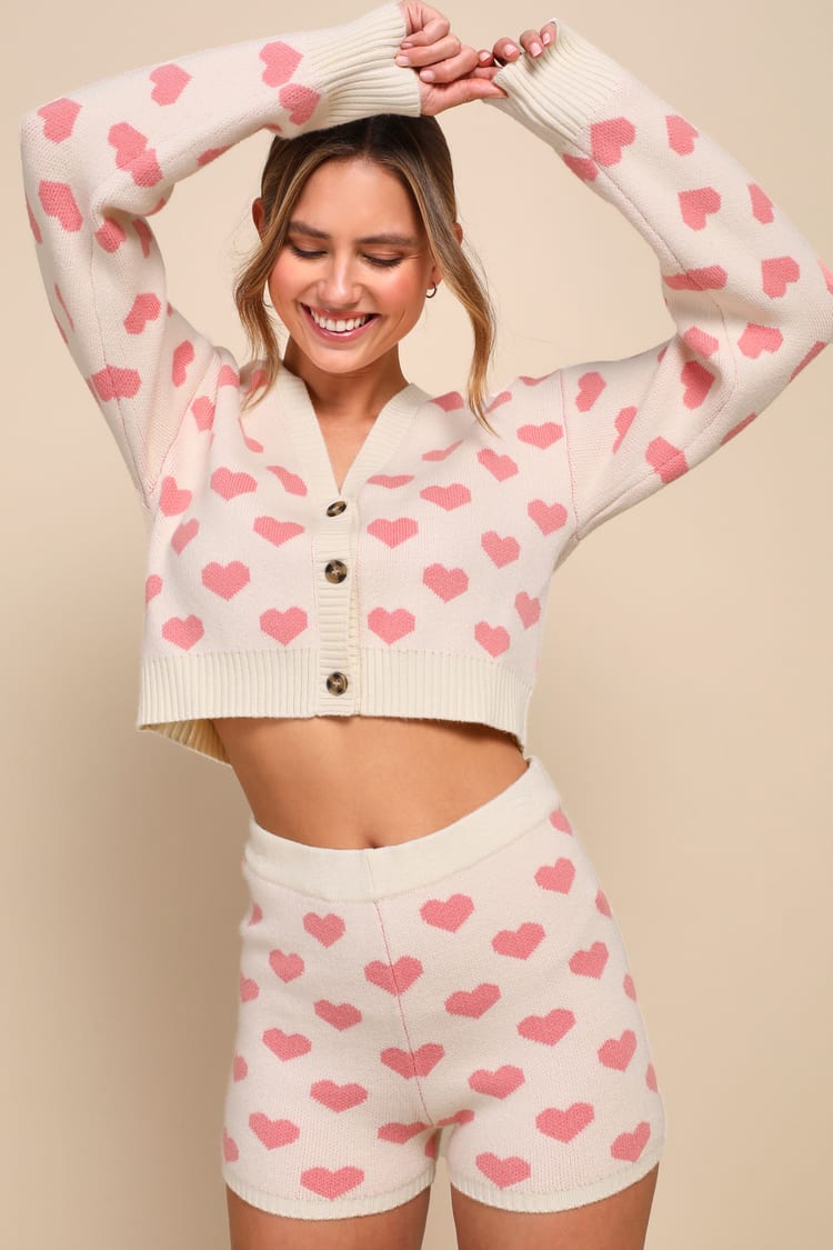 Cream & Pink Heart Sweater - V-Neck Sweater - Cardigan Sweater - Lulus