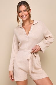 Afternoon Aesthetic Beige Knit Collared Belted Lounge Romper