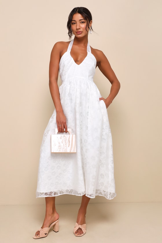 Lulus Delicate Sweetness White Floral Burnout Midi Dress With Pockets