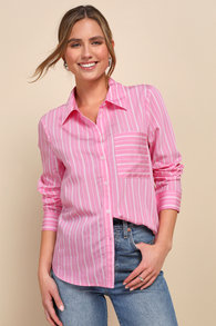 Vivacious Persona Pink and White Striped Collared Button-Up Top