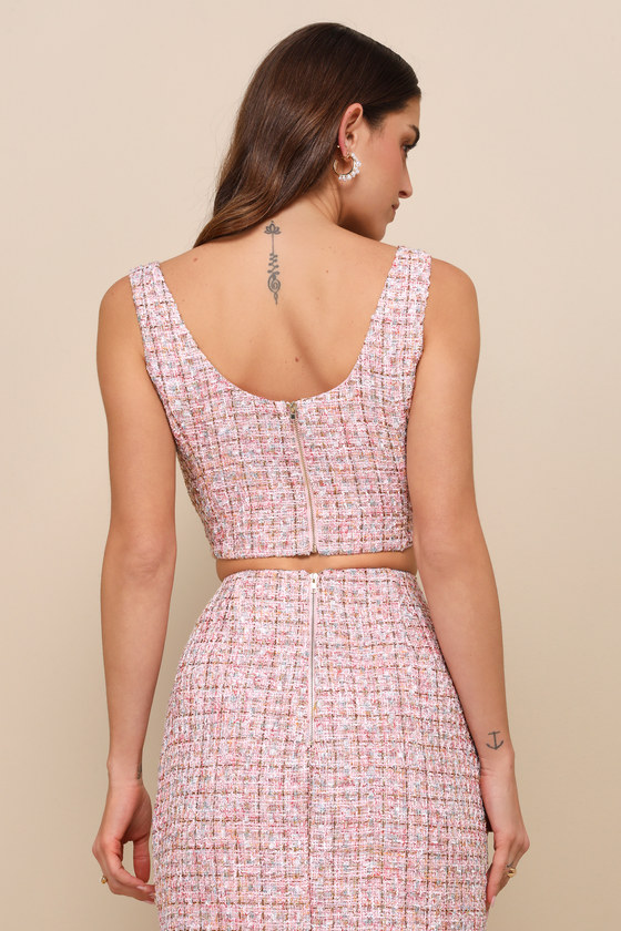 Pink Tweed Top - Tweed Lurex Top - Sleeveless Button-Front Top - Lulus