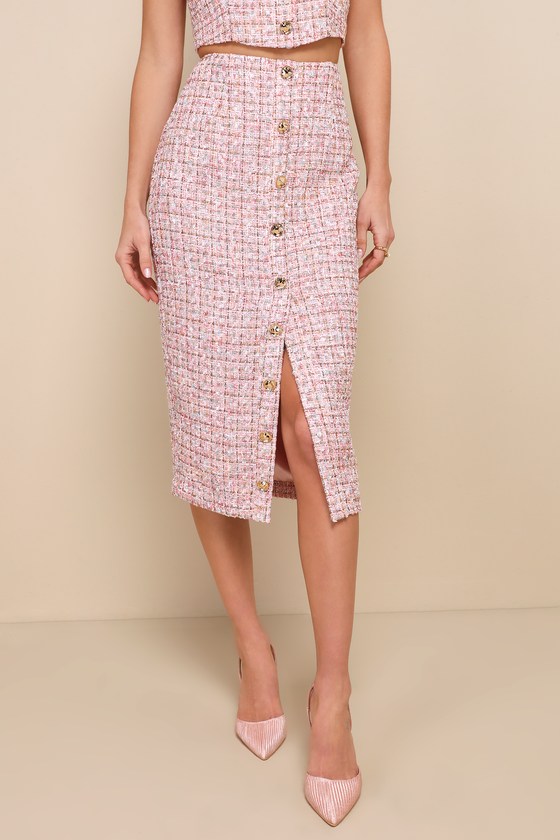 Charming Icon Pink Tweed Lurex Button-Front Midi Skirt 4