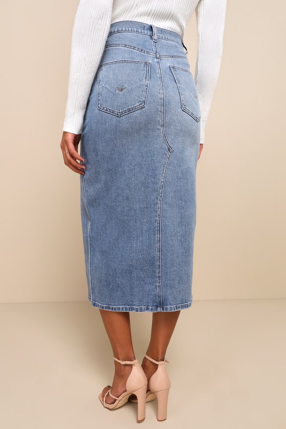 Uniquely Trendsetting Medium Wash High Rise Denim Midi Skirt - thumbnail 3