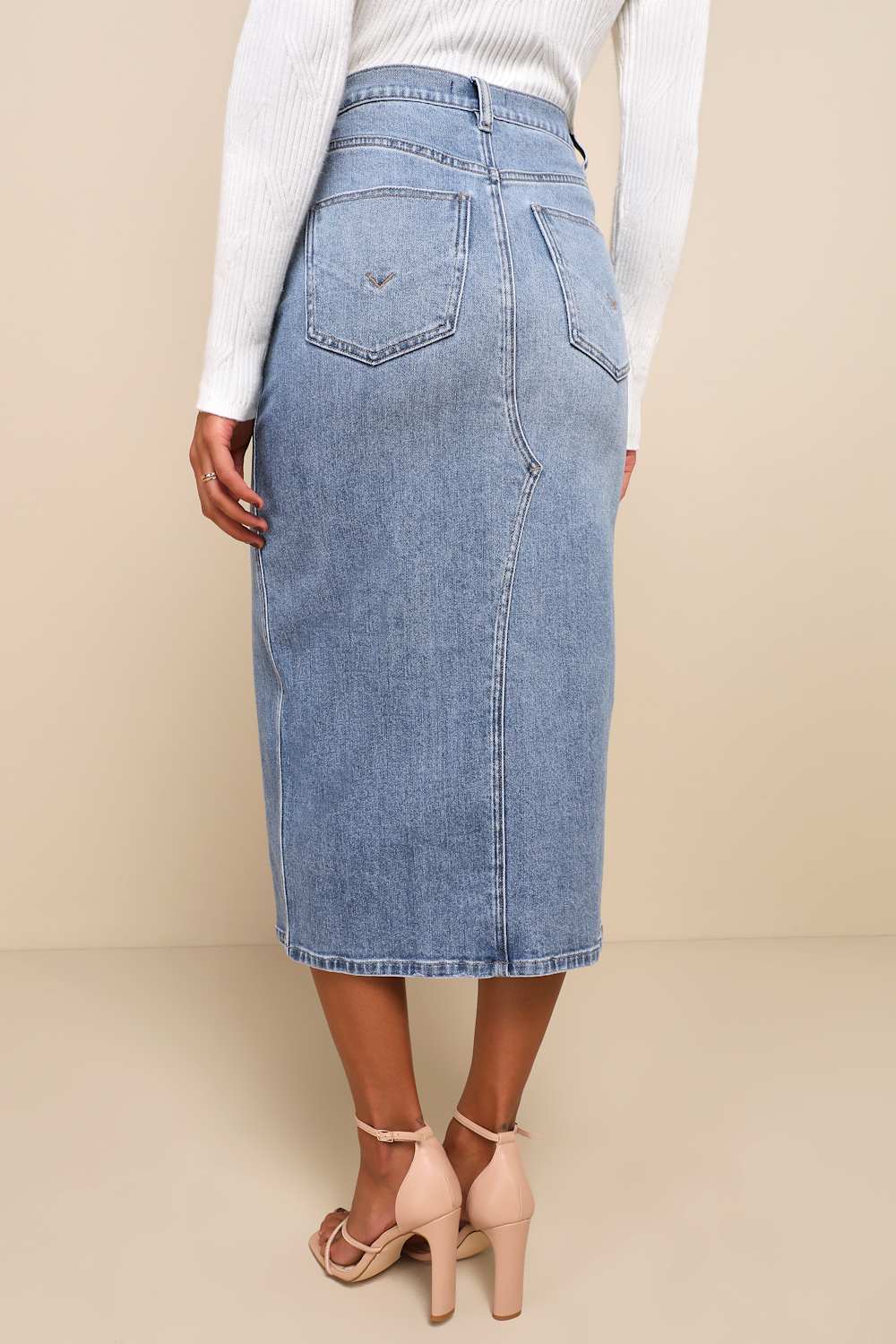 Uniquely Trendsetting Medium Wash High Rise Denim Midi Skirt