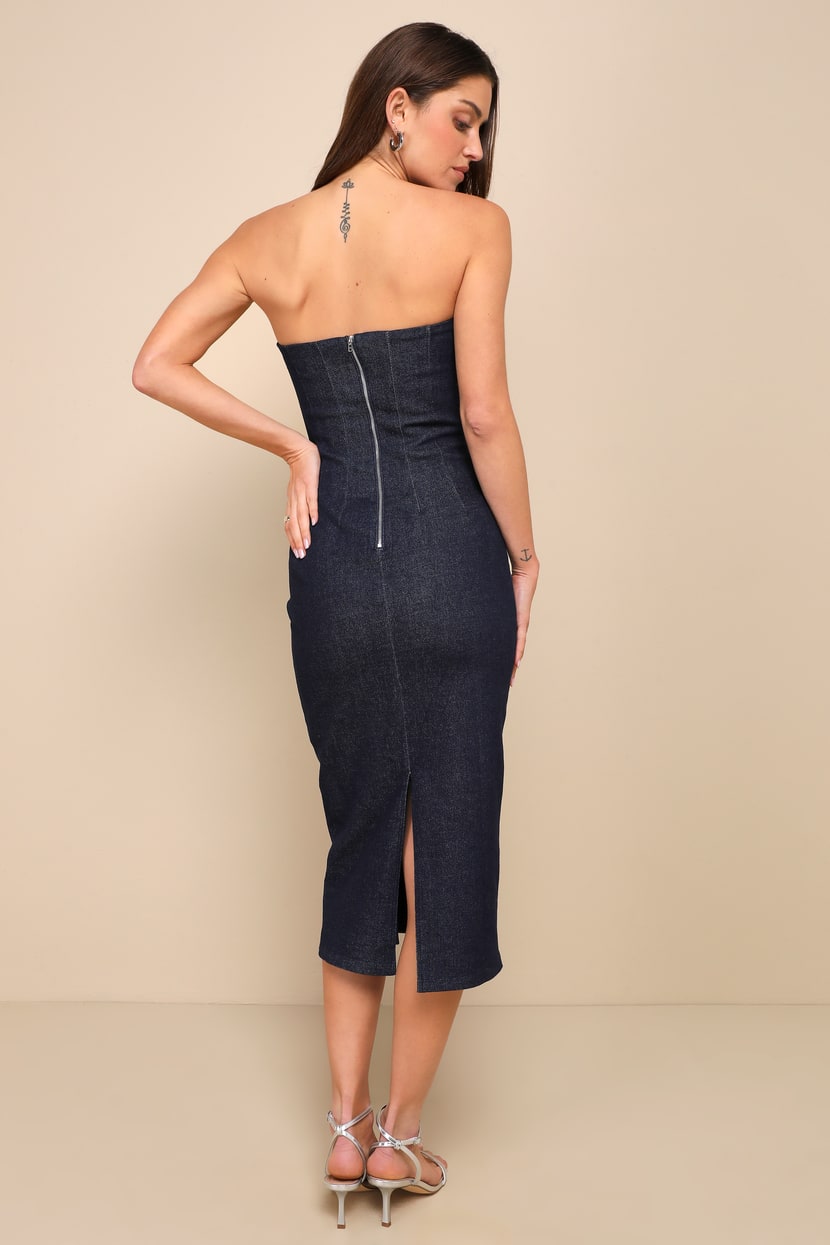 Dark Wash Denim Dress - Strapless Denim Dress - Denim Midi Dress - Lulus