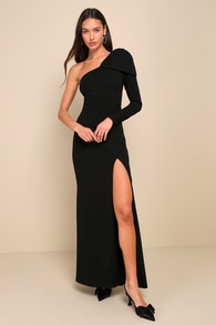 Sophisticated Poise Black Bow One-Shoulder Maxi Dress