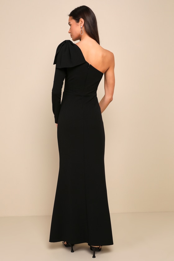 Sophisticated Poise Black Bow One-Shoulder Maxi Dress 4