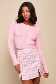 Fetching Cutie Pink Plaid High Rise Notched Mini Skirt