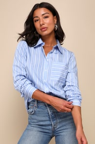 Vivacious Persona Blue and White Striped Collared Button-Up Top