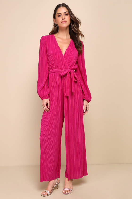 Lulus Simply Ravishing Magenta Plisse Long Sleeve Wide-leg Jumpsuit