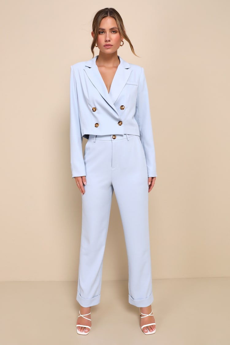 Light Blue Pants - High Rise Trouser Pants - Straight Leg Pants - Lulus