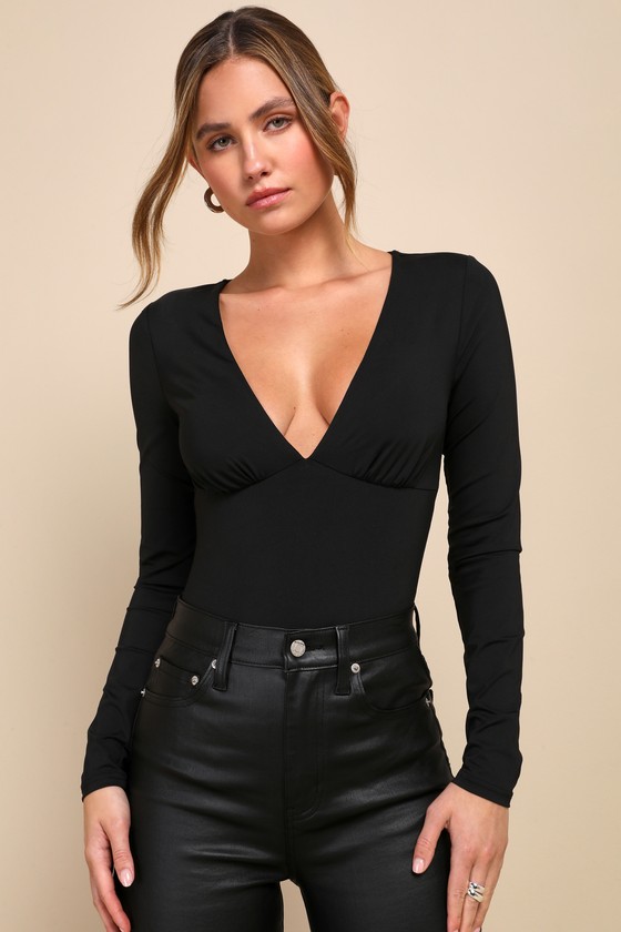 Lulus Modern Possibilities Black V-neck Long Sleeve Bodysuit