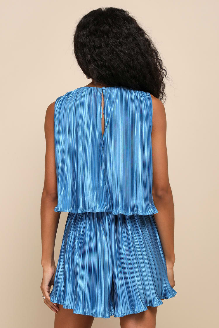 Chic Lavishness Blue Satin Plisse Sleeveless Romper