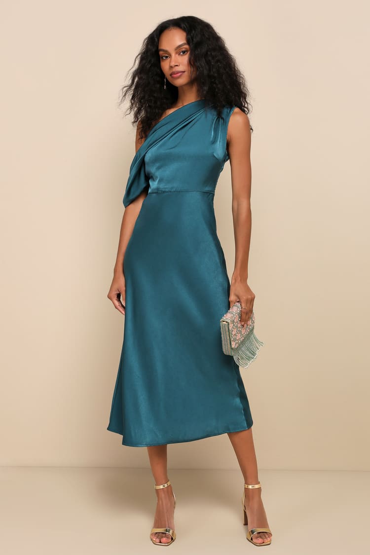 teal asymmetrical dress Felicity | TEAL Satin Asymmetric-Neck Maxi Dress With Feather Detailing
