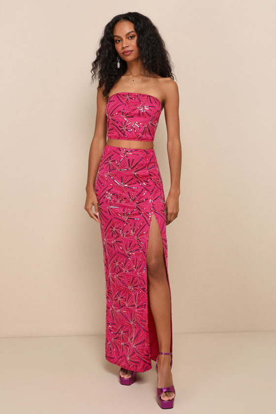 Lulus Cue The Glitter Magenta Sequin Beaded Two-piece Maxi Dress