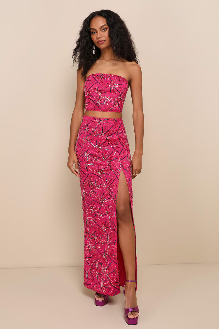 Magenta Strapless Dress - Beaded 2-Pc Dress - Sequin Maxi Dress - Lulus