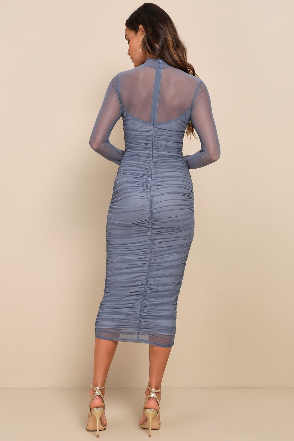 Impressive Flirt Slate Blue Mesh Ruched Mock Neck Midi Dress