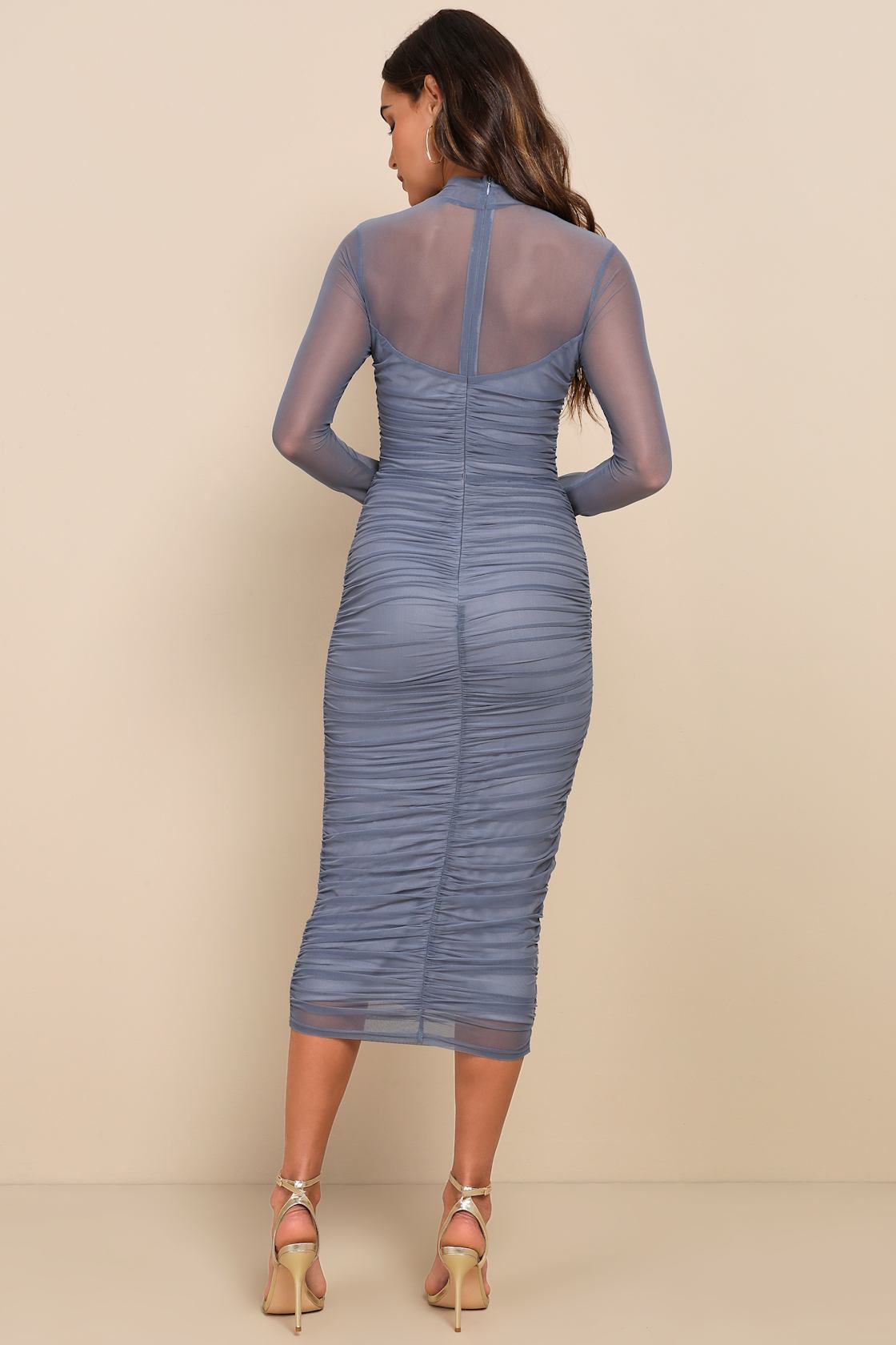 Impressive Flirt Slate Blue Mesh Ruched Mock Neck Midi Dress