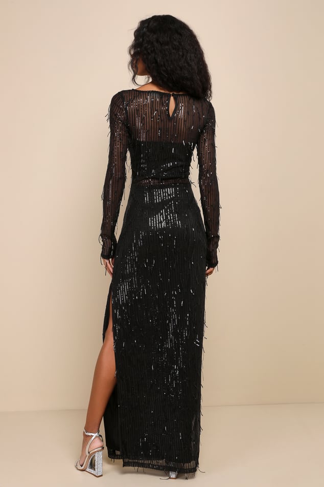 Black Sheer Mesh Dress - Sequin Fringe Dress - Long Sleeve Maxi