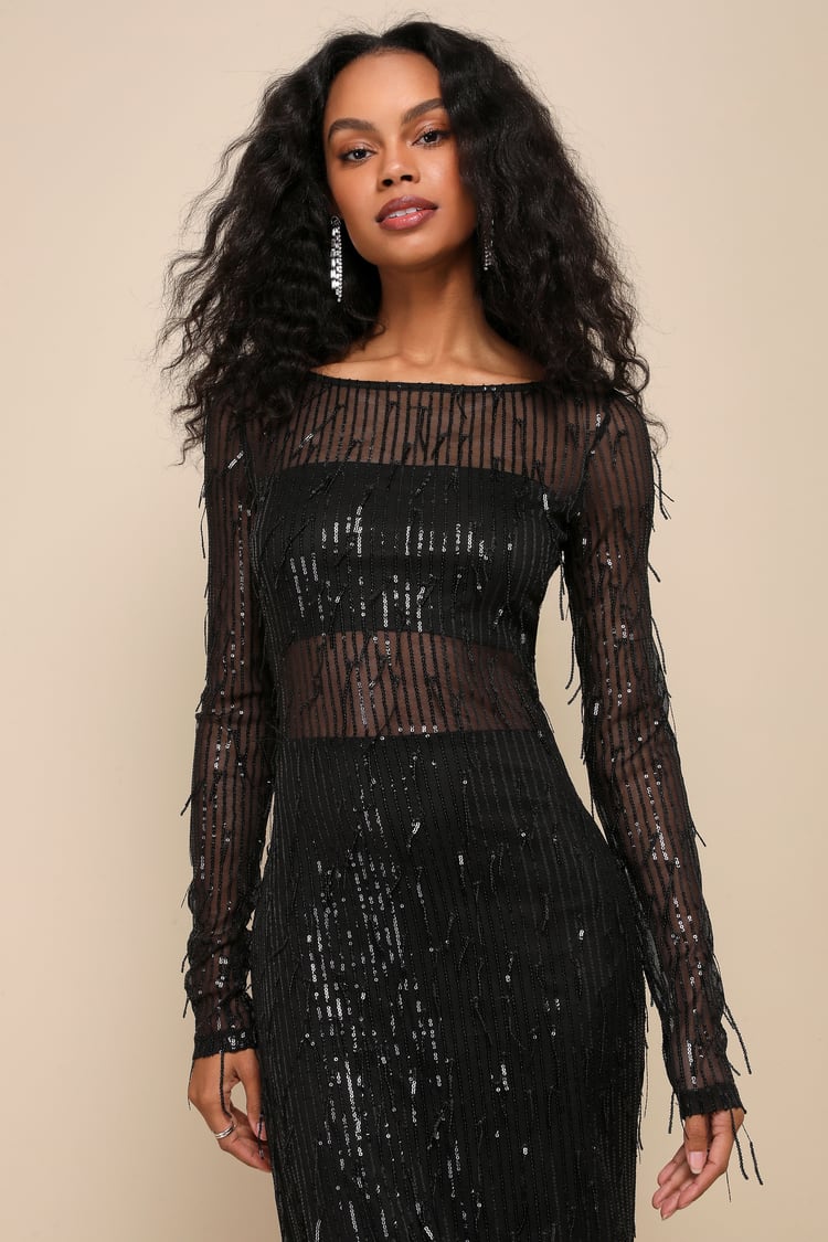 Sheer Fascination Black Sheer Mesh Sequin Fringe Maxi Dress