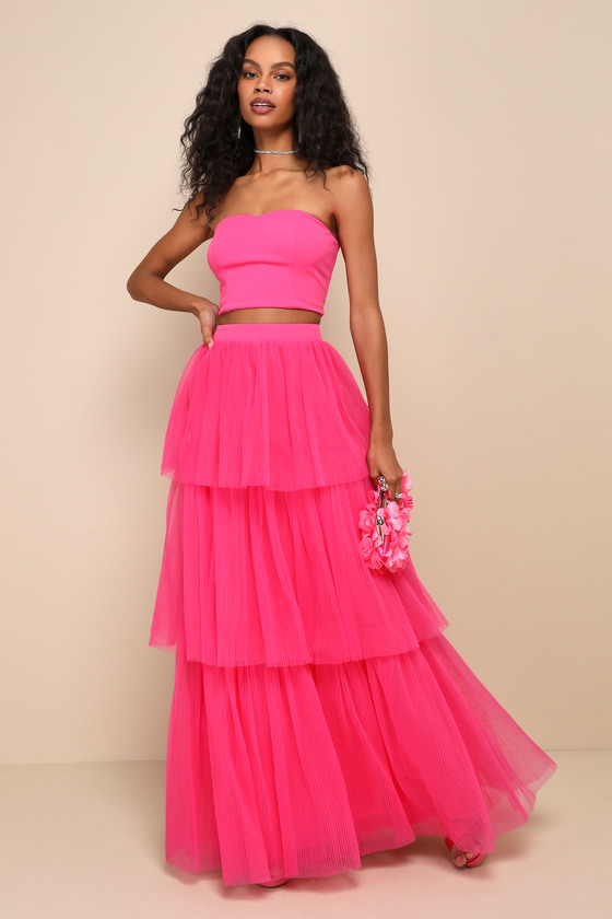 Lulus Immaculate Glamour Hot Pink Strapless Two-piece Maxi Dress