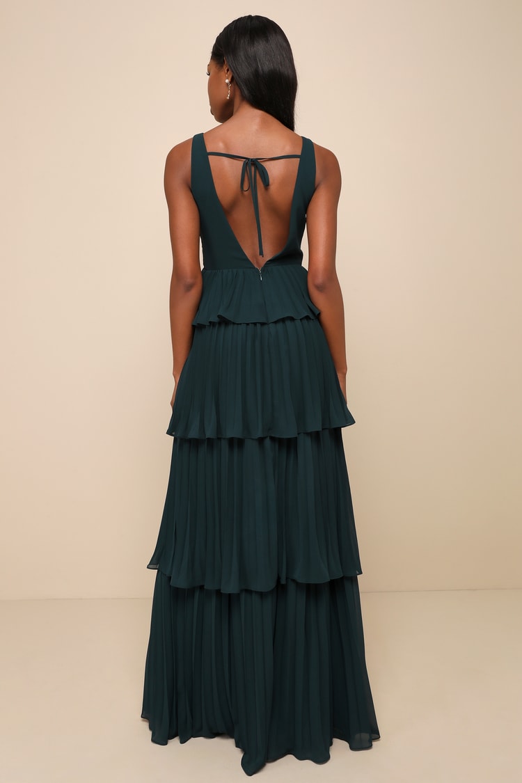 Mesmerizing Essence Emerald Pleated Backless Tiered Maxi Dress