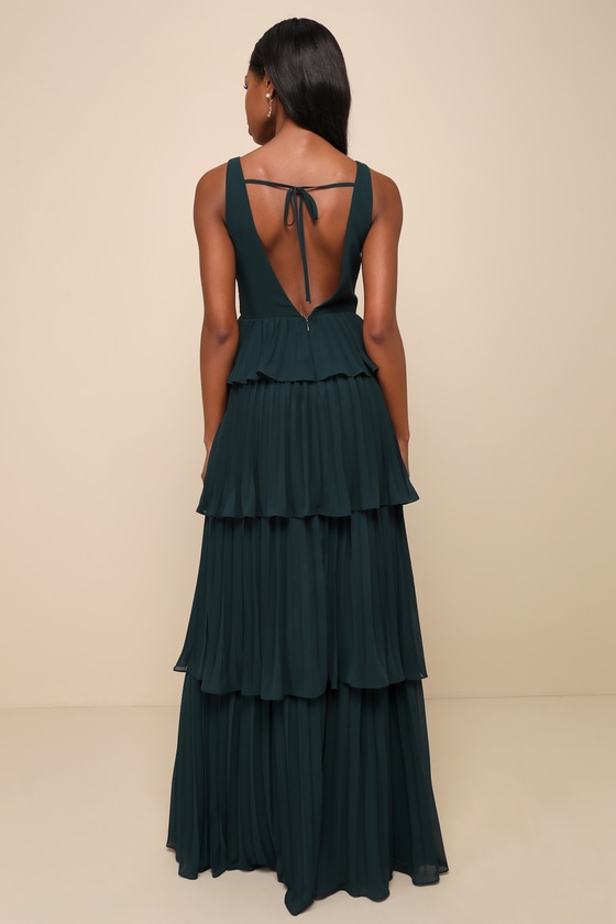 Mesmerizing Essence Emerald Pleated Backless Tiered Maxi Dress 1