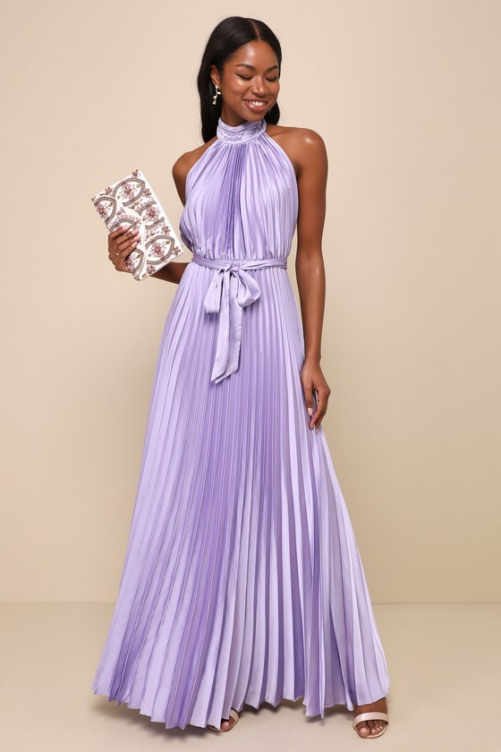Lulus Impressive Perfection Lavender Satin Pleated Backless Maxi Dress In Purple