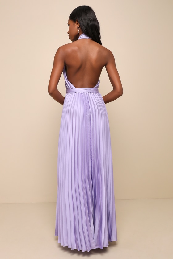 One Shoulder Stretch Satin Pleated Long Dress Lavender