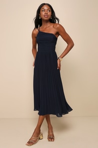 Wondrous Muse Navy Blue Pleated One-Shoulder Midi Dress 3