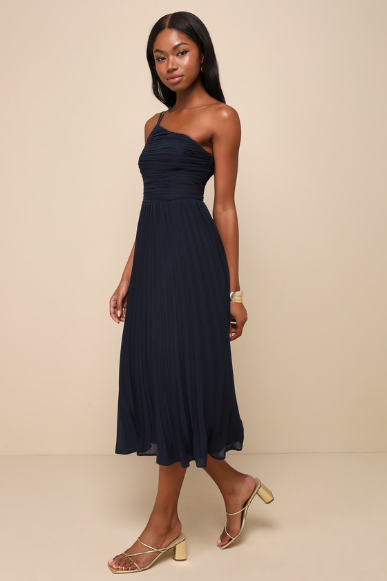 Pleated Midi Dress - One-Shoulder Dress - Navy Blue Midi Dress - Lulus