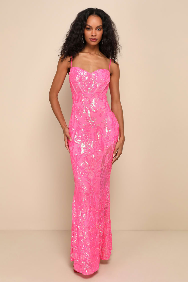 strapless open back dress Pallas Pink Lace Trim Crochet Mermaid Maxi Dress