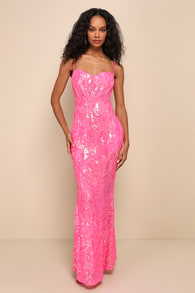 Notable Sensation Hot Pink Iridescent Sequin Mermaid Maxi Dress