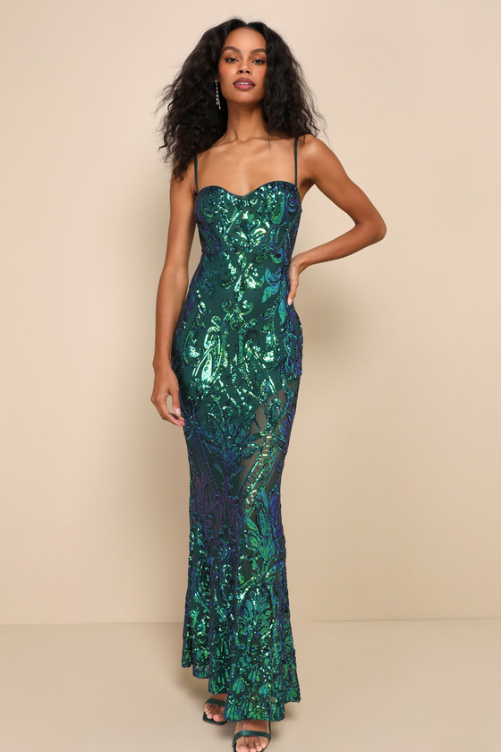Lulus Notable Sensation Green Iridescent Sequin Mermaid Maxi Dress