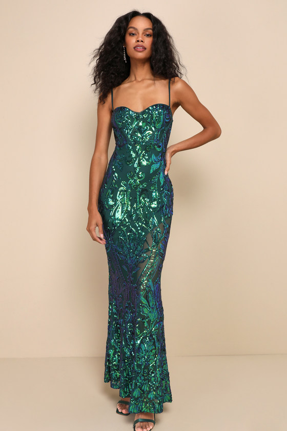 Notable Sensation Green Iridescent Sequin Mermaid Maxi Dress 1