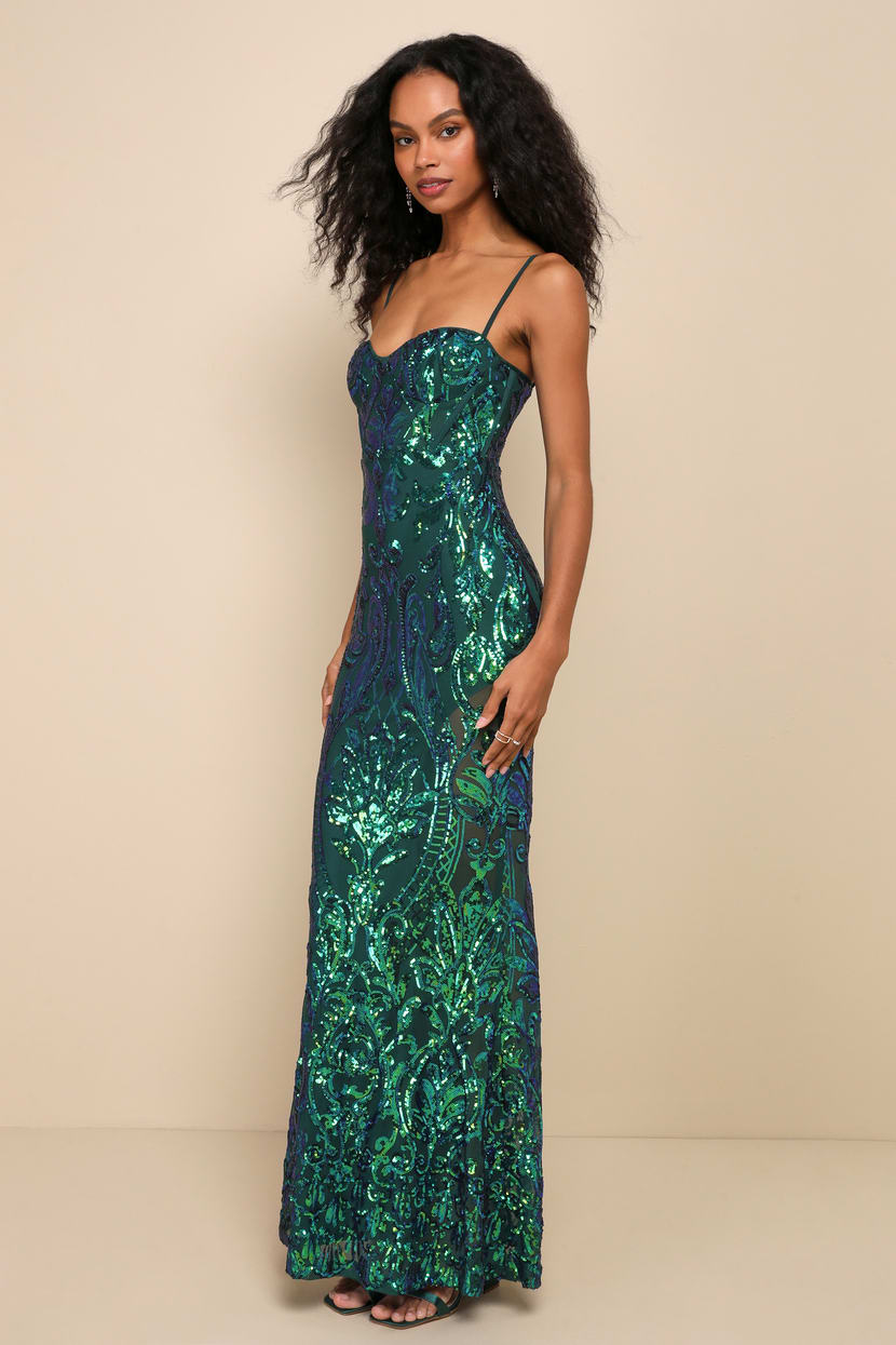 mermaid green sequin dress Jewel Bead Lace-up Back Mesh Mermaid w/ Ruffle Slit Long Prom Dress GL –  smcfashion.com main image 0