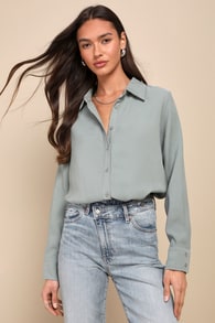 Totally Polished Sage Green Long Sleeve Button-Up Top