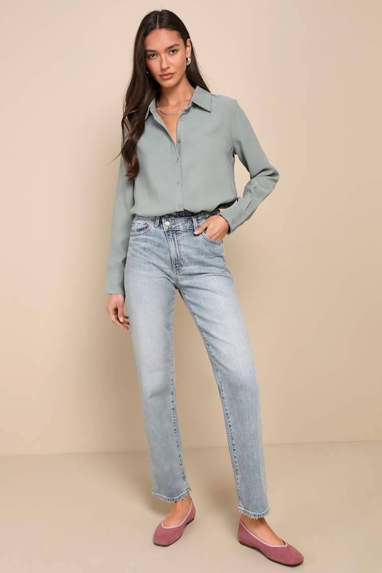 Totally Polished Sage Green Long Sleeve Button-Up Top