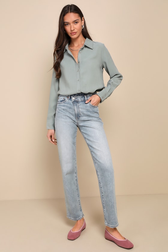 Totally Polished Sage Green Long Sleeve Button-Up Top 3