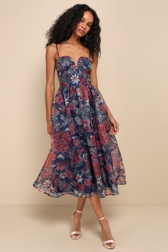 Cherished Aura Navy Blue Floral Organza Bustier Midi Dress 1