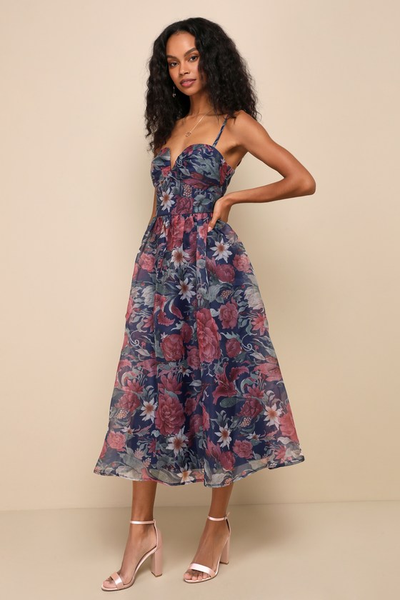 Navy Floral Dress - Organza Bustier Dress - Floral Midi Dress - Lulus