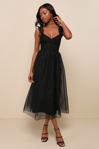 Forever Celebrated Black Swiss Dot Ruched Tulle Midi Dress 2