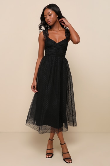 Black Ruffled Dress Tulle Swiss Dot Dress Poofy Midi Dress Lulus