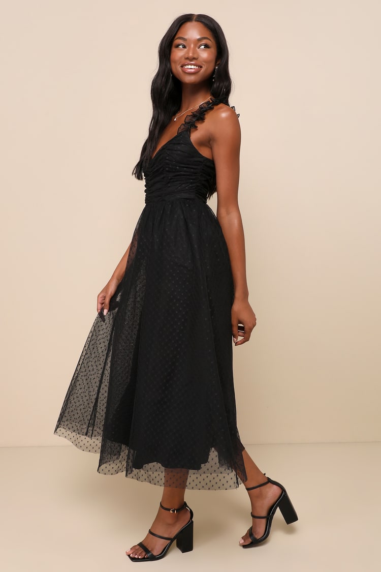 Forever Celebrated Black Swiss Dot Ruched Tulle Midi Dress