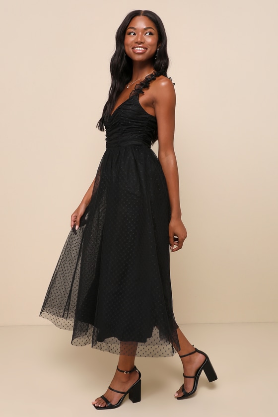 Forever Celebrated Black Swiss Dot Ruched Tulle Midi Dress 3