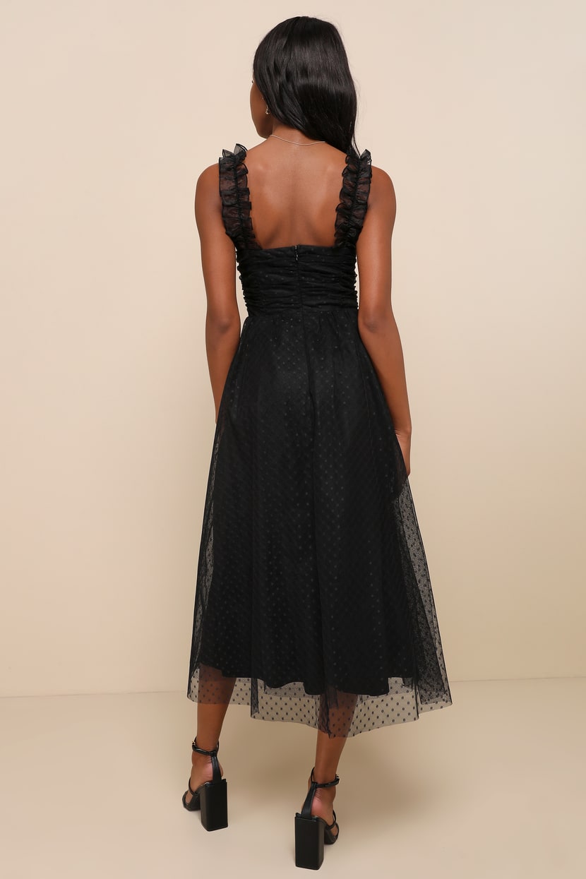 Forever Celebrated Black Swiss Dot Ruched Tulle Midi Dress