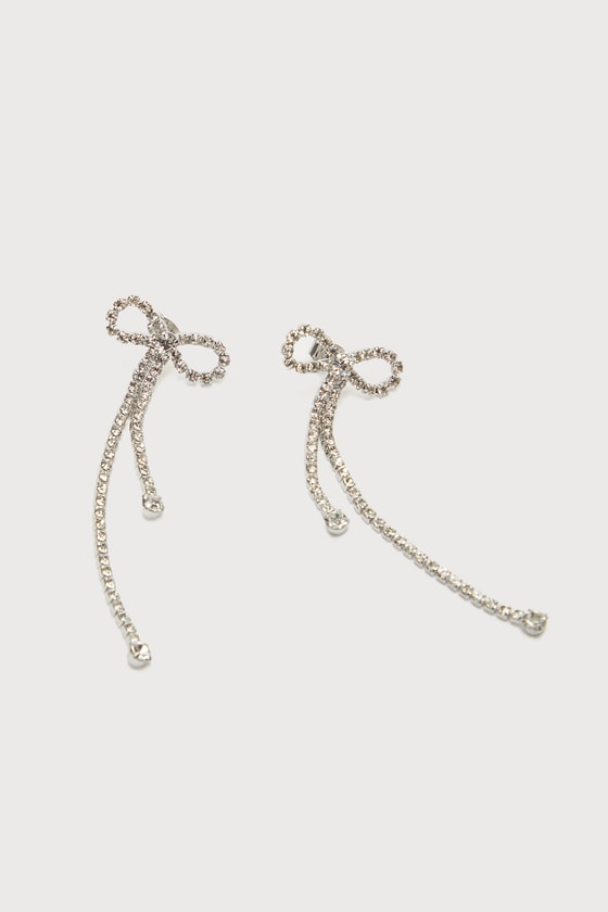 Pristine Pick Silver Rhinestone Bow Drop Earrings 1